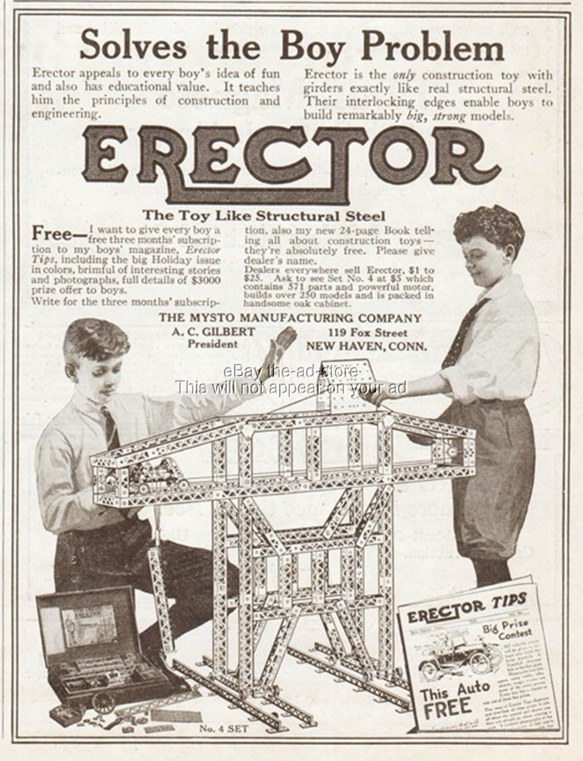 1915 Mysto Erector Set No. 4 New Haven CT Gilbert Toy Ad Solves the Boy Problem