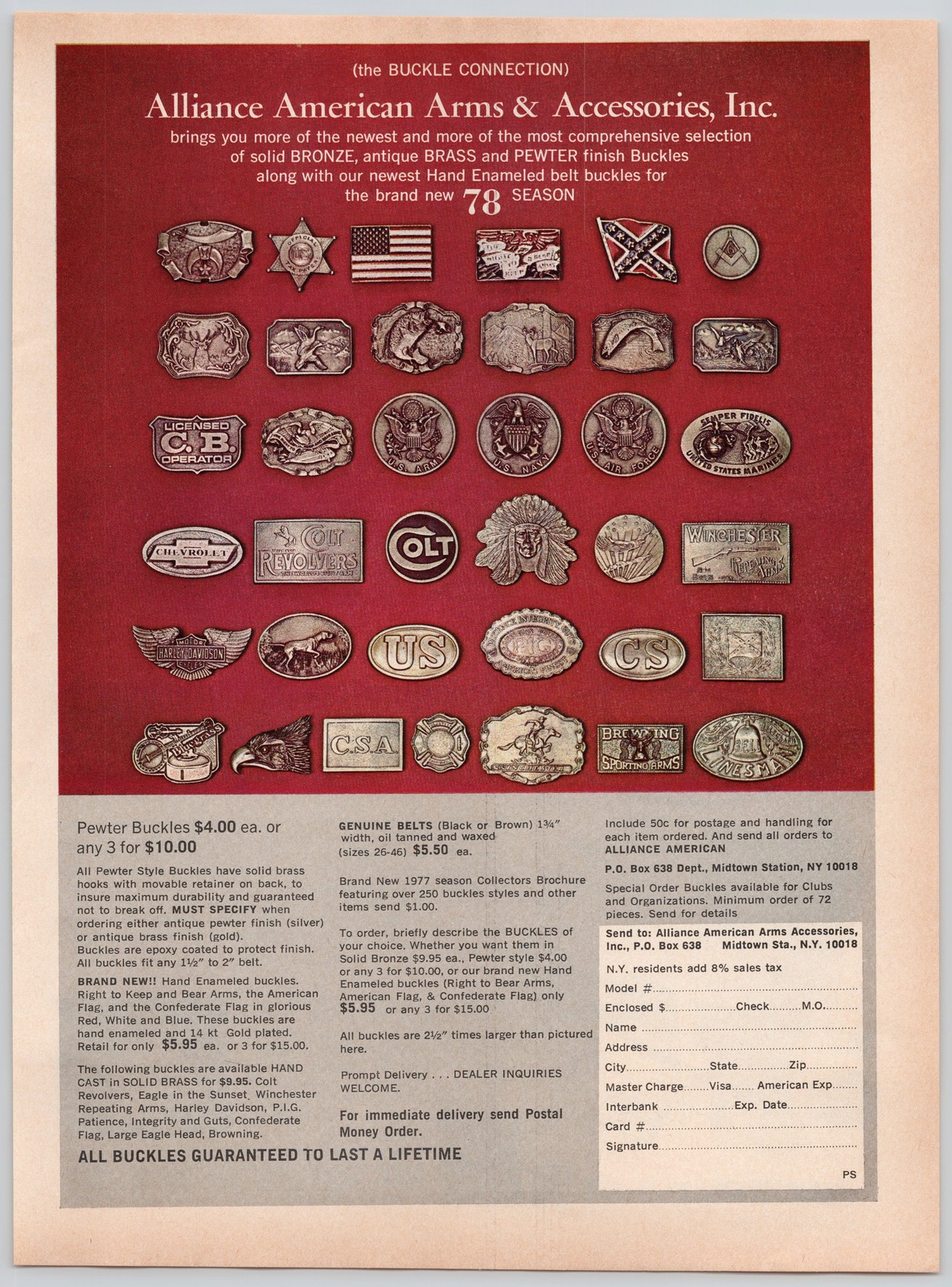 Belt Buckles Alliance American Arms Pewter Brass Finish 1977 Vintage Print Ad