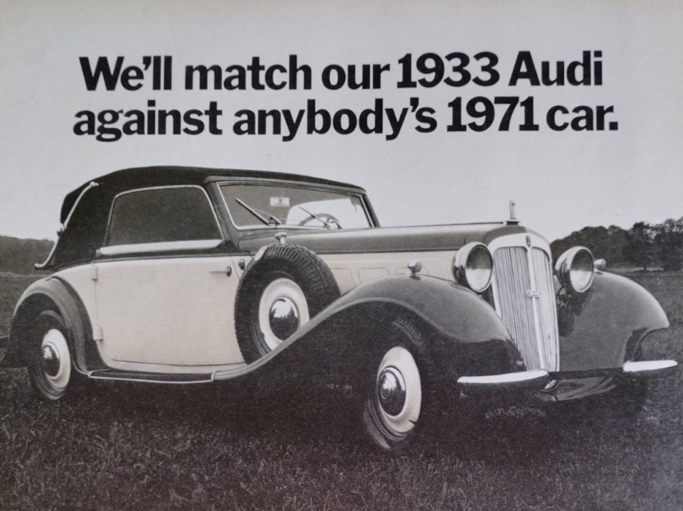Vintage Retro 2-Pg 1970 Ad Audi Automobiles Match Our 1933 Against Any 1971 Car