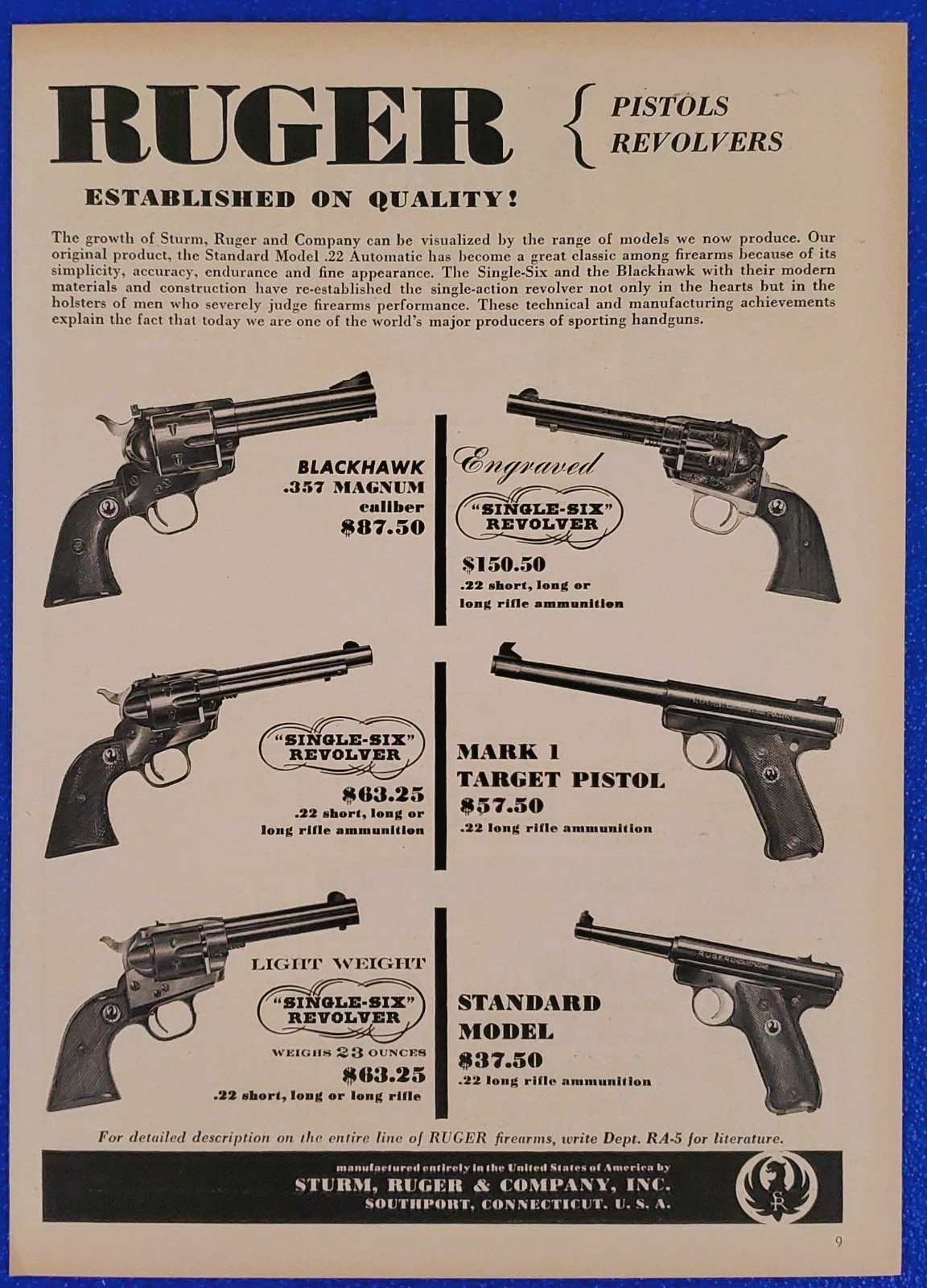 RUGER 6 PISTOL PRODUCT LINEUP FOR 1956 – OLD WEST STYLE VINTAGE FIREARM PRINT AD