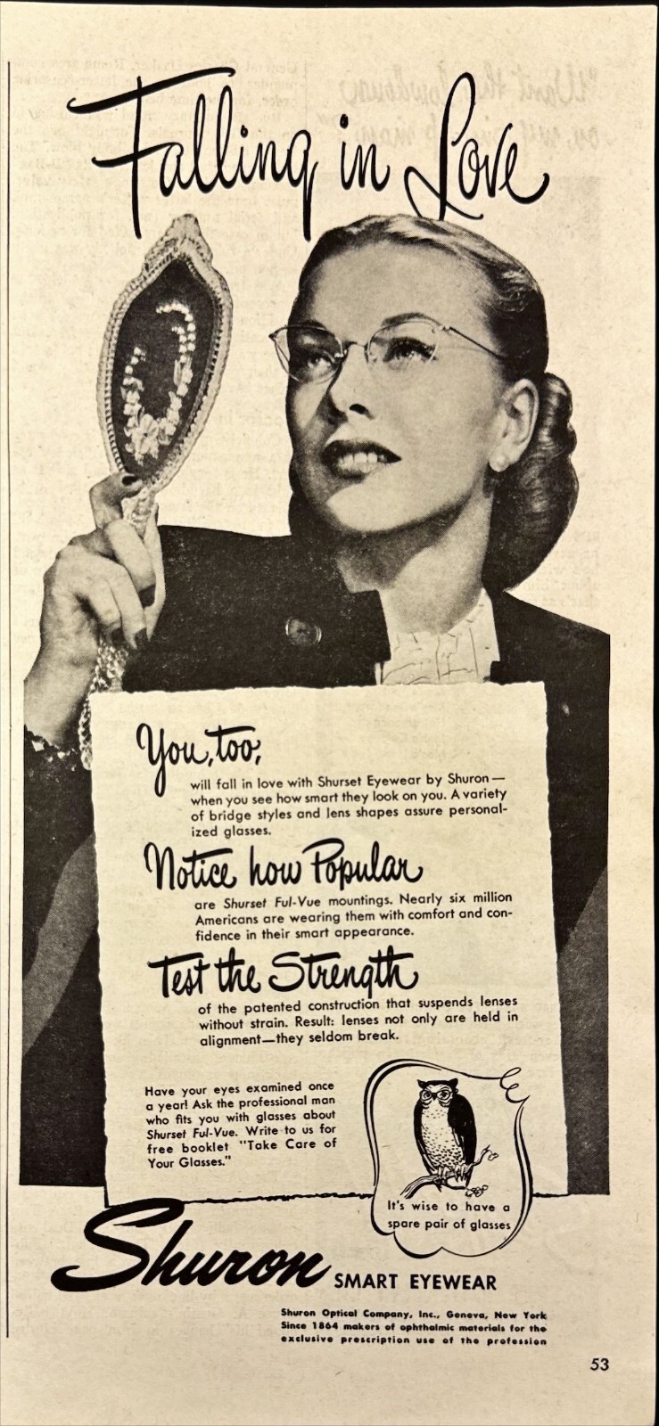 1946 Shuron Smart Eyewear Owl Woman Falling in Love Geneva NY Vintage Print Ad