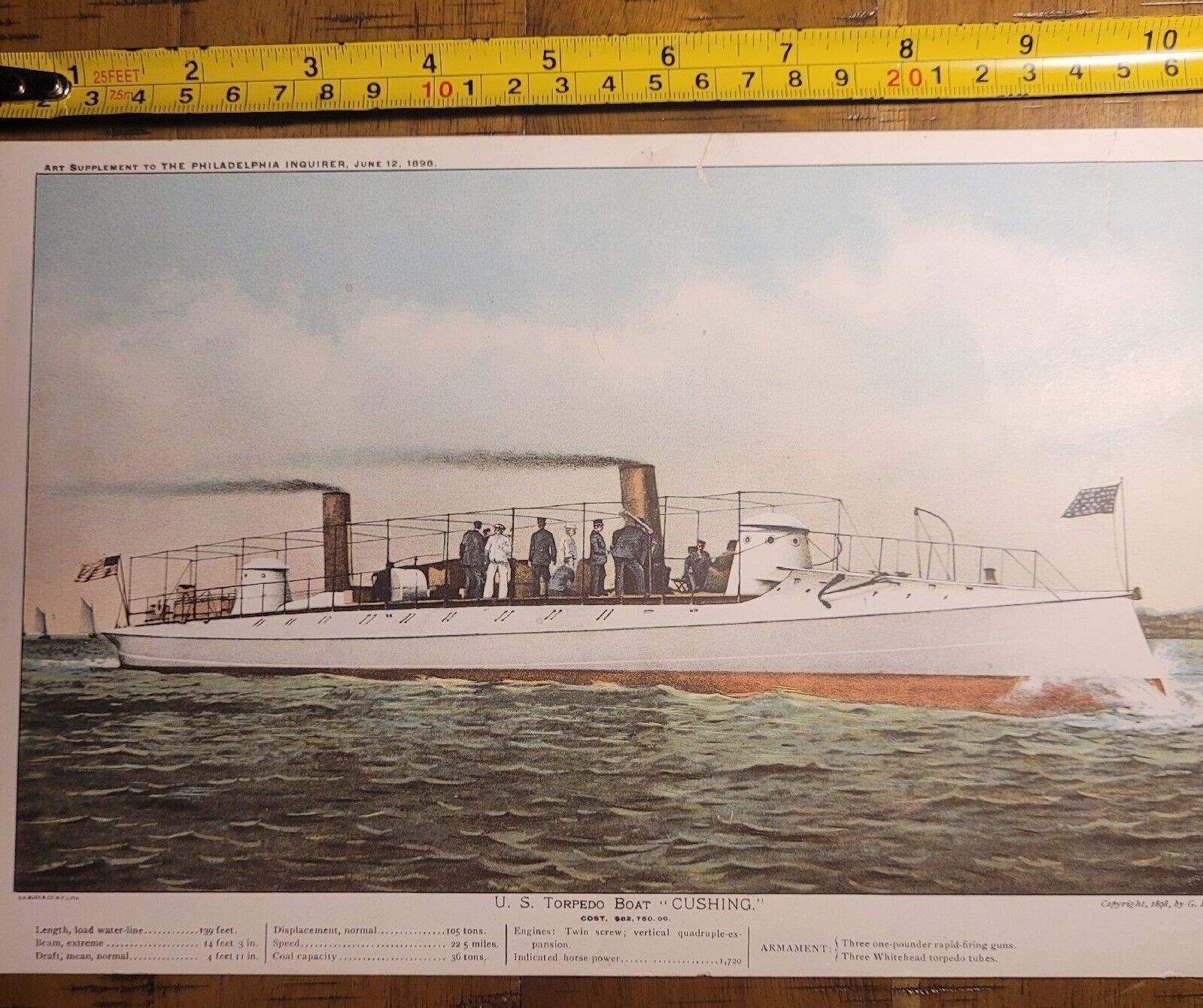 1898 Philadelphia Inquirer Military Art Print U.S. Torpedo Boat CUSHING (11×7)