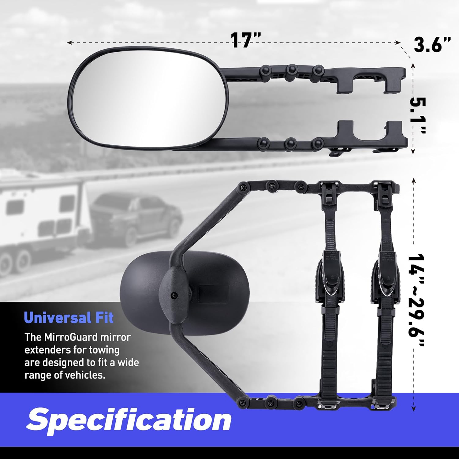 Extended Towing Mirrors, Adjustable Clip-On Tow Mirror Extenders with Removable