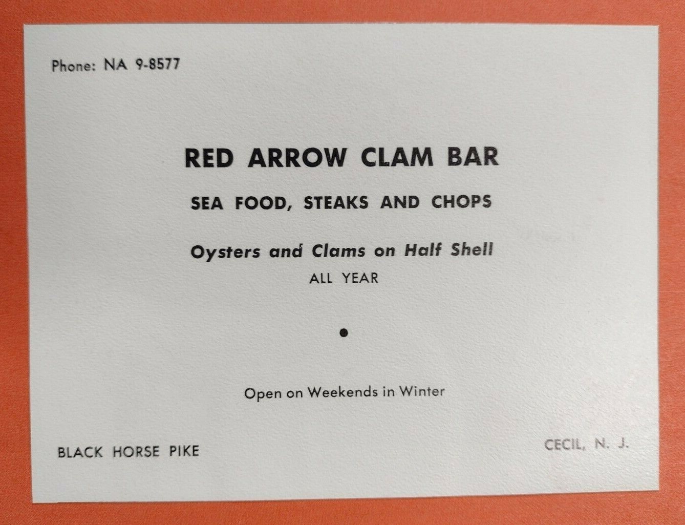1955 Red Arrow Clam Bar Advertisement Cecil, New Jersey