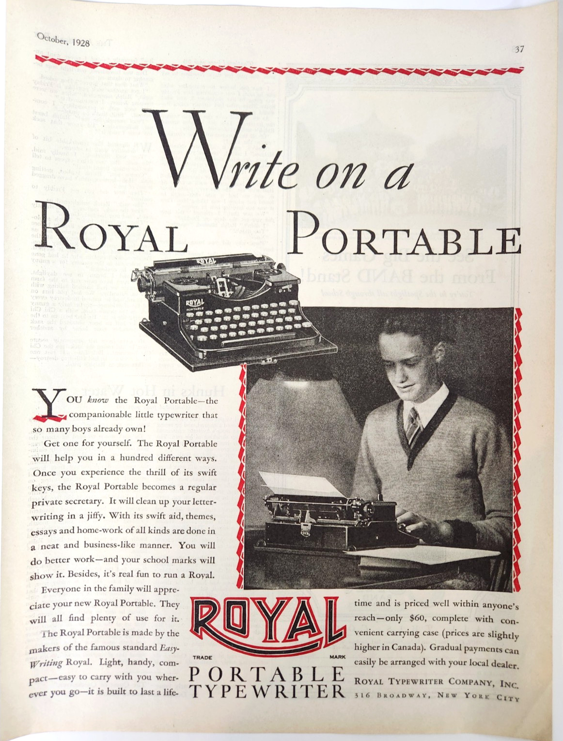Royal Typewriter Portable Student Vintage 1928 Ad Magazine Print Advertisement