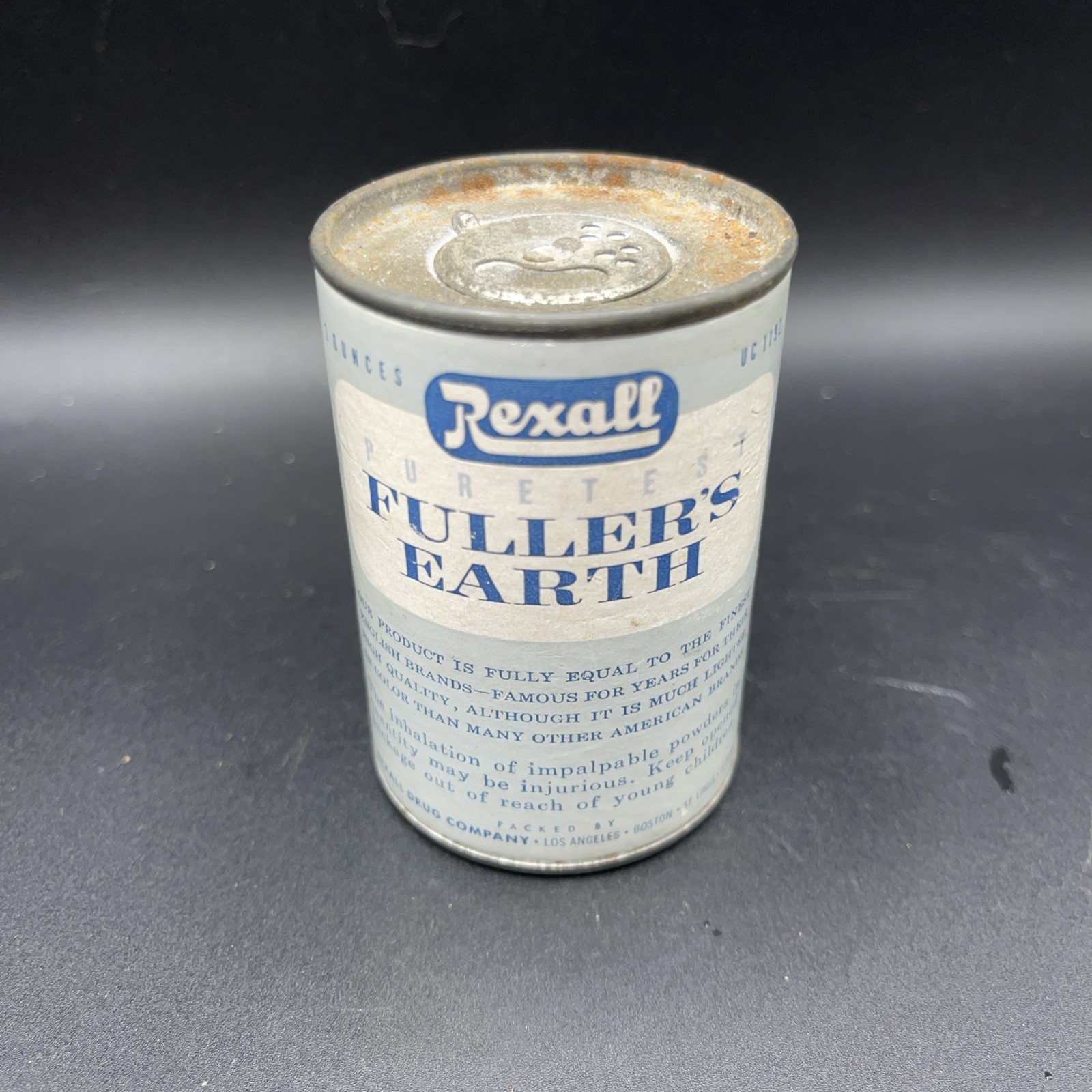 Vintage Rexall Fuller’s Earth Tin with Contents 3 inches 2 oz