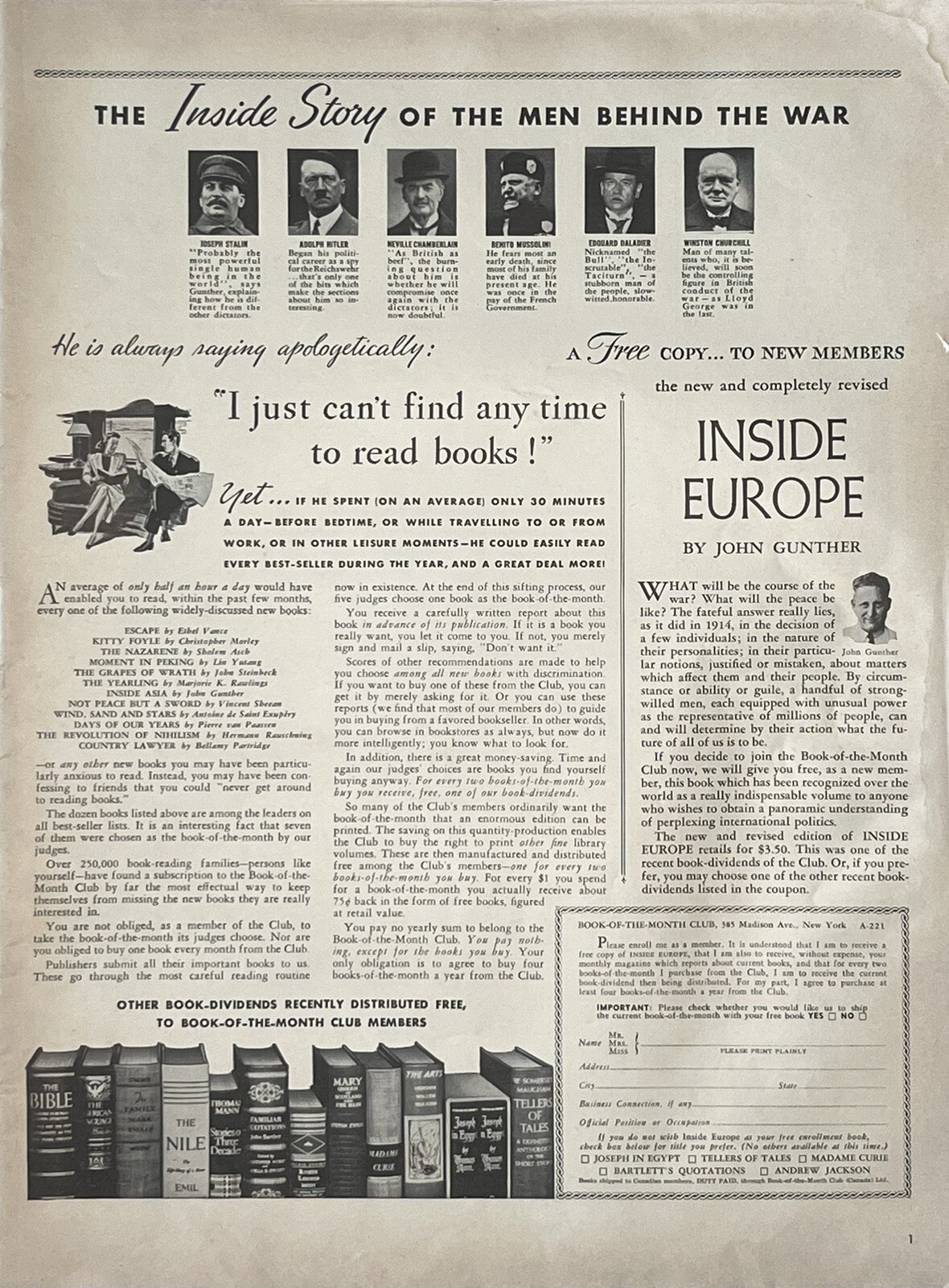 Vintage Print Ad 1940 Book-of-the-Month Club World War II Retro Home Library Art