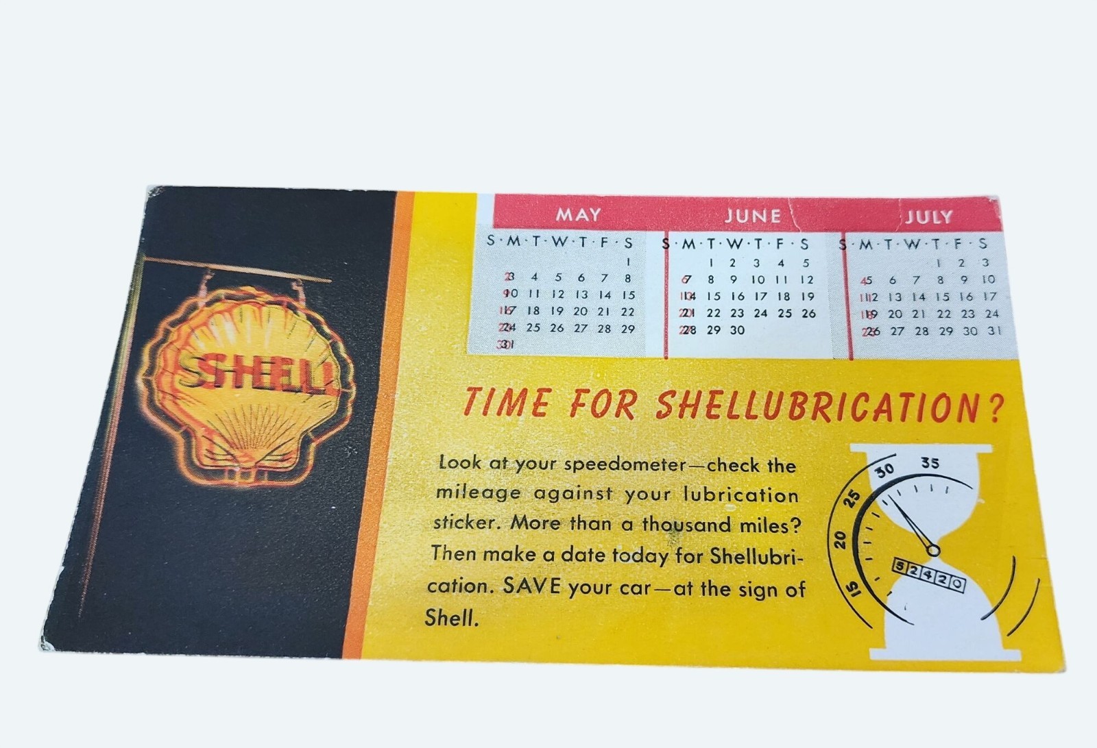 Vintage Shell Oil Company Automotive Lubrication Calendar Ink Blotter Promo Card