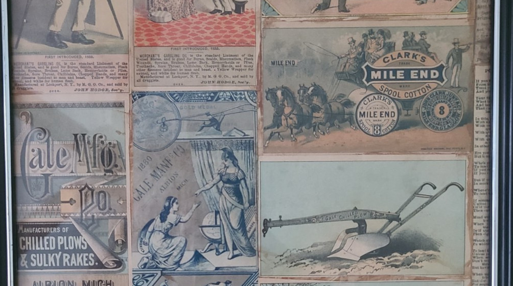 11 SCARCE FRAMED VICTORIAN TRADE CARDS including UNCLE TOM’S CABIN & GALE PLOW