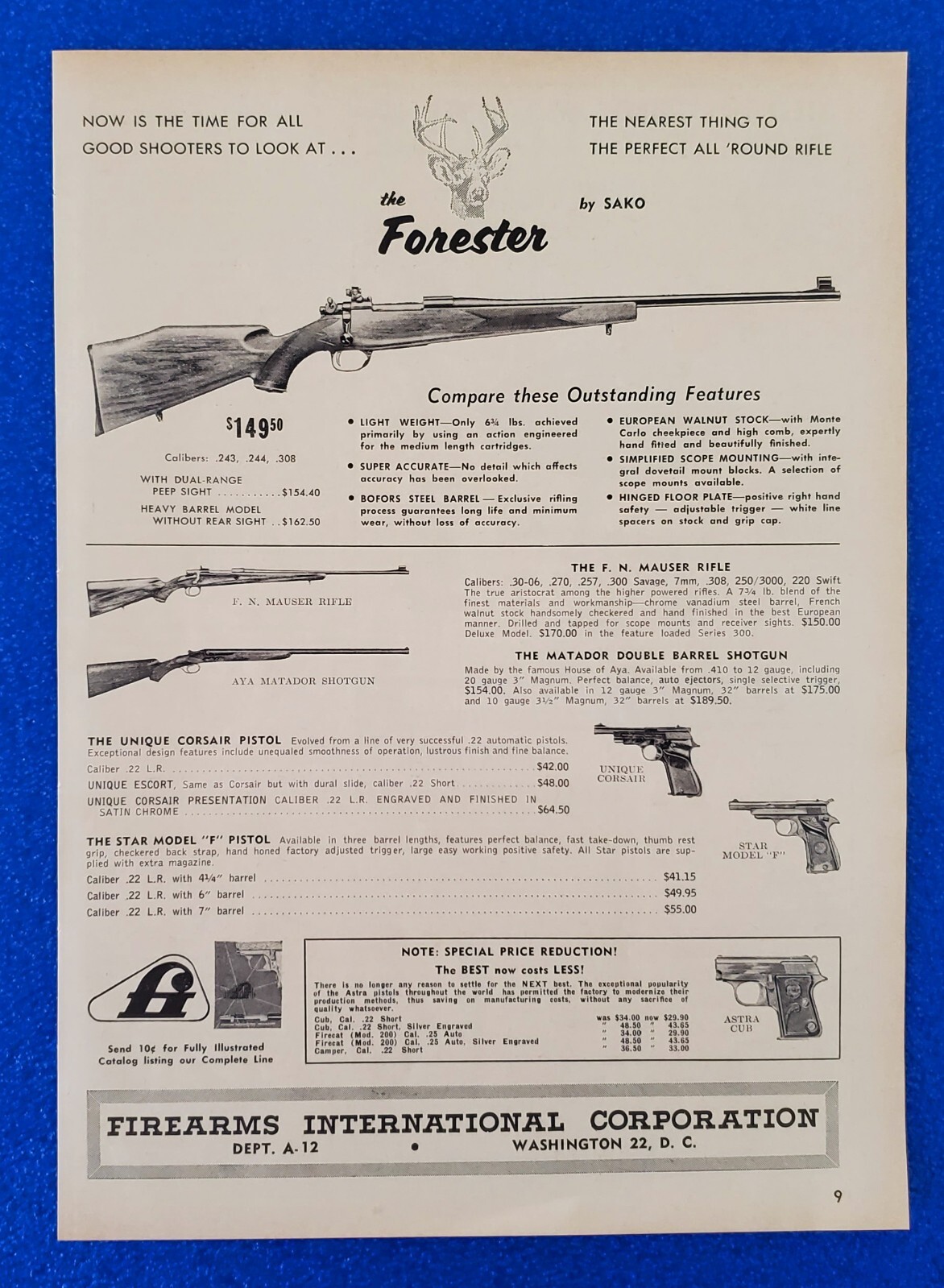 1958 FIREARMS INTERNATIONAL CORPORATION MAUSER RIFLES ORIGINAL CLASSIC PRINT AD