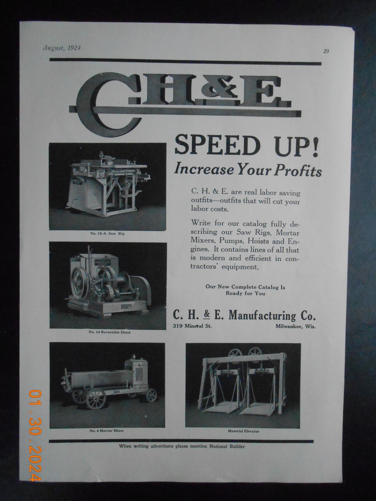 1924 C.H. & E. Manufacturing CO Milwaukee WI print AD Koehring CO Dandie Mixer