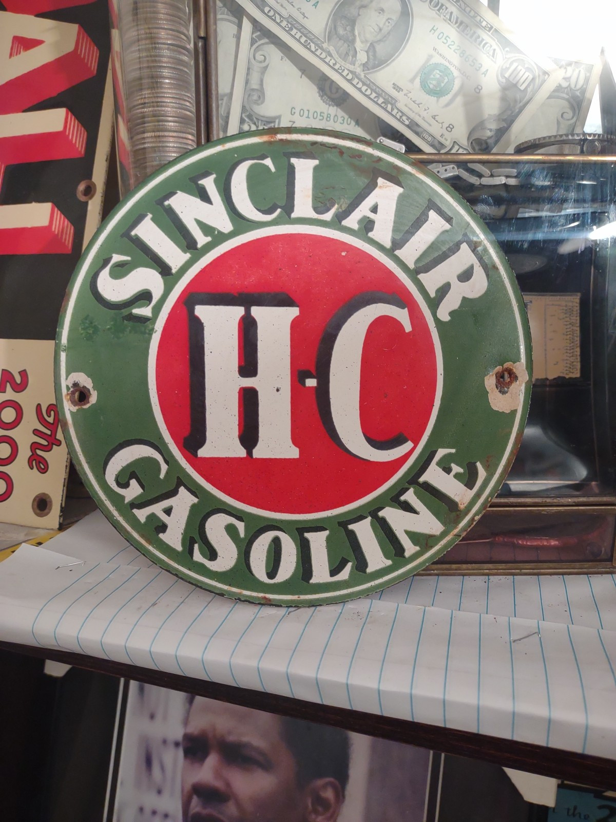 VINTAGE OLD SINCLAIR PORCELAIN SIGN OIL GASOLINE PUMP PLATE GARAGE SHOP RARE
