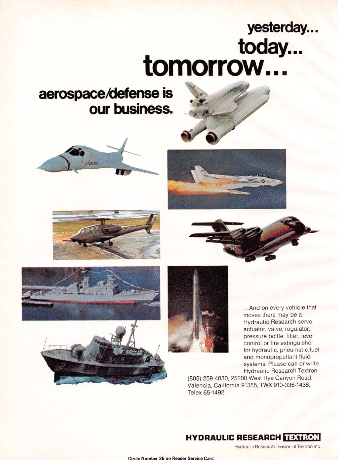 Hydraulic Research Textron Space Shuttle B-1 Strategic Aircraft Vtg Mag Print Ad