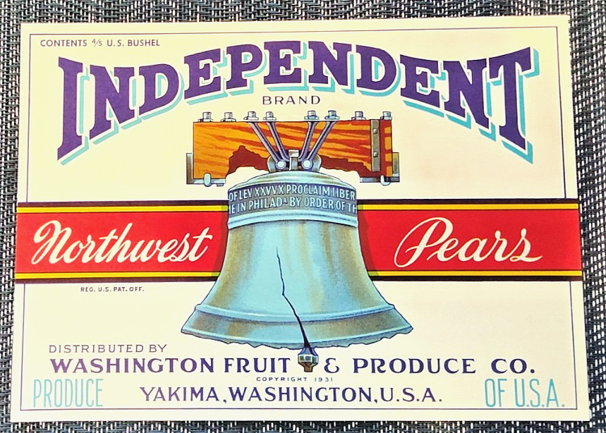 Vintage Original 1931 Independent Brand Pears Crate Label Yakima WA Liberty Bell