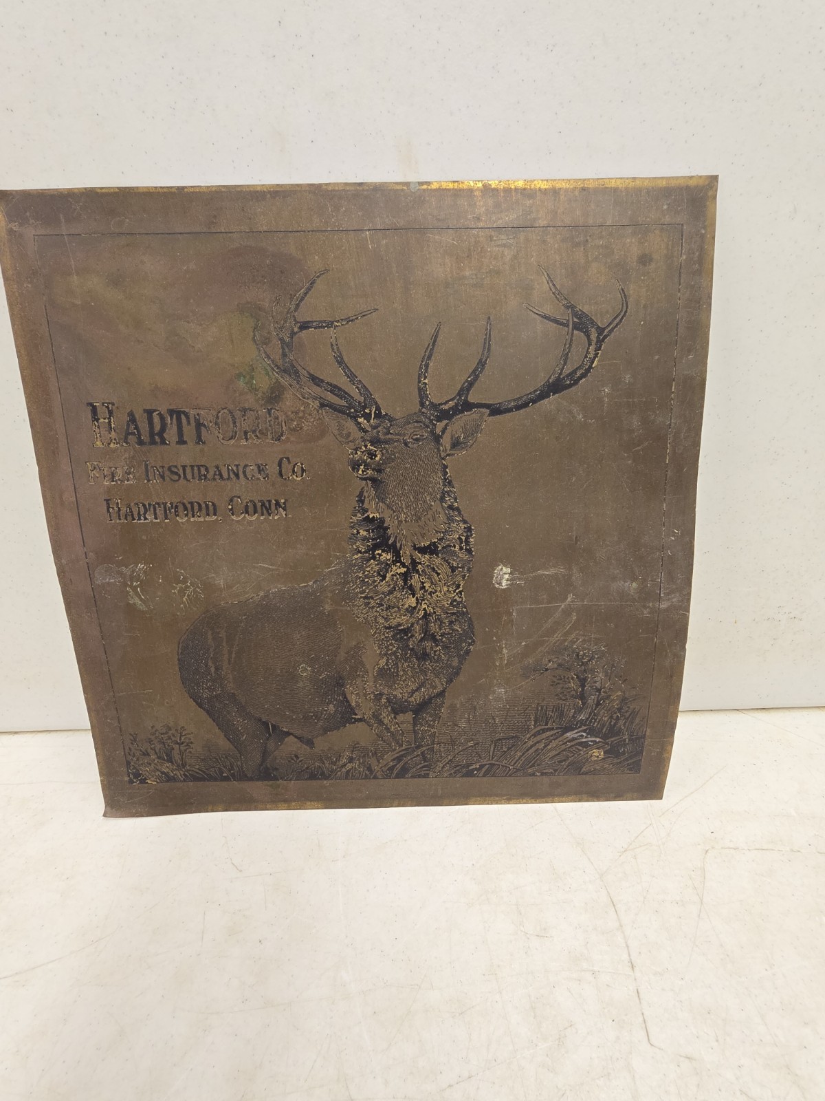 Antique Early 20C Hartford Fire Ensurance Deer Stag Bull Elk Etched Brass Sign