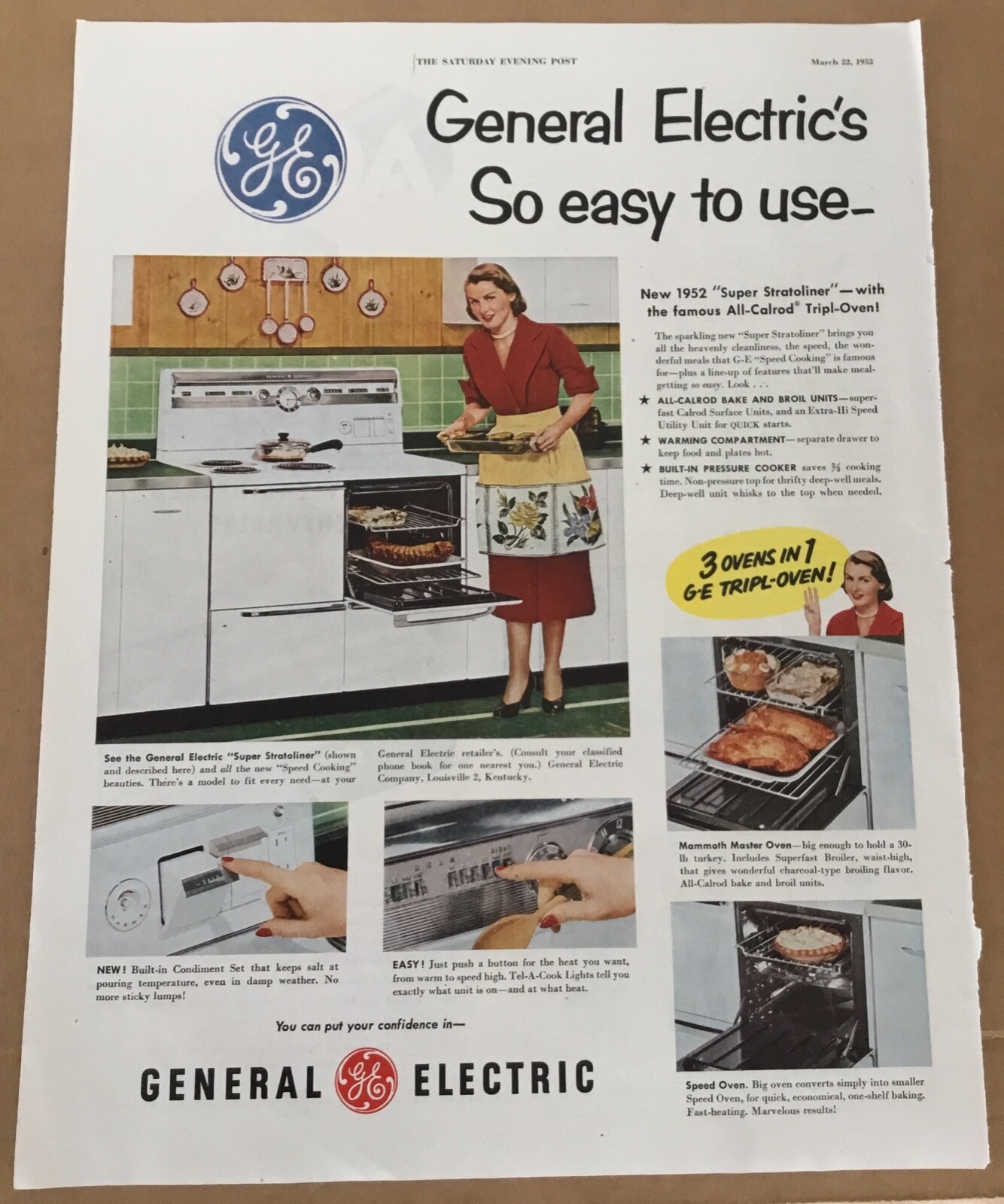 GE stove oven print ad 1952 vintage 1950s retro art illus home decor classic