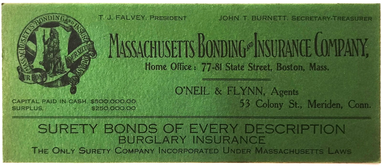 1910s Massachusetts Bonding Insurance Ink Blotter Burglary Connecticut Ephemera