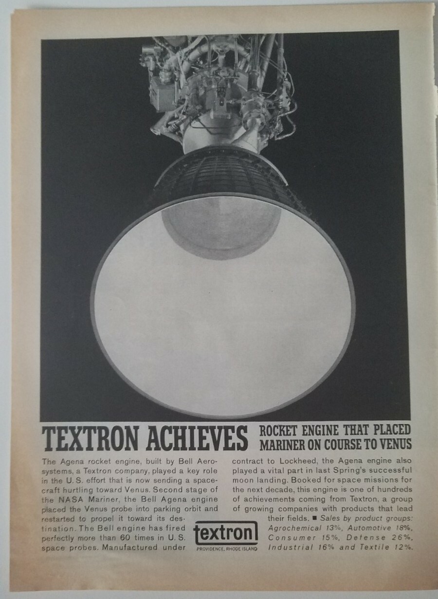 1962 Textron Providence Rhode Island Agena rocket engine vintage ad