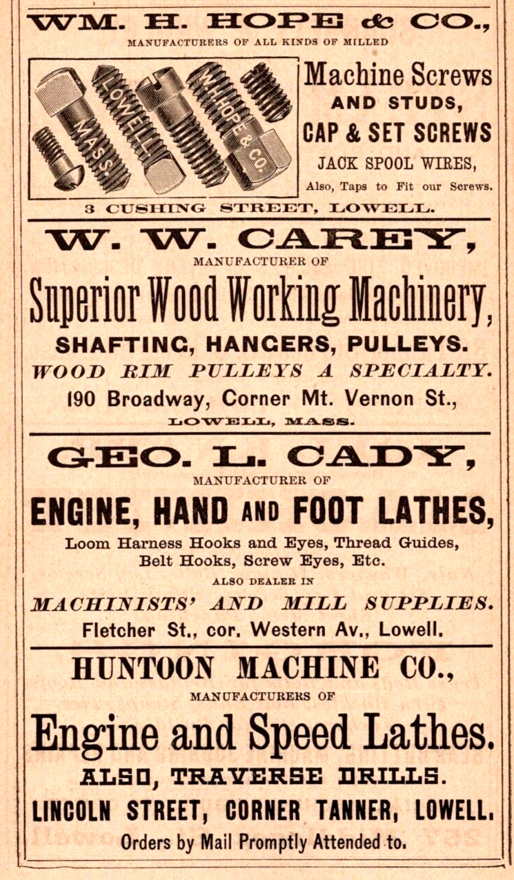 1885 Wood Working Machinery Engine & Speed Lathes Machine Screws Ad LOWELL MA