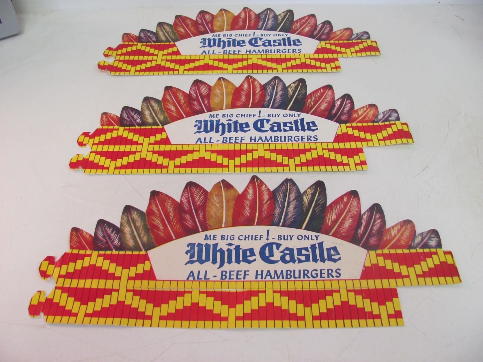 WHITE CASTLE ALL-BEEF HAMBURGERS HEADDRESS ME BIG CHIEF HAT MADE IN USA