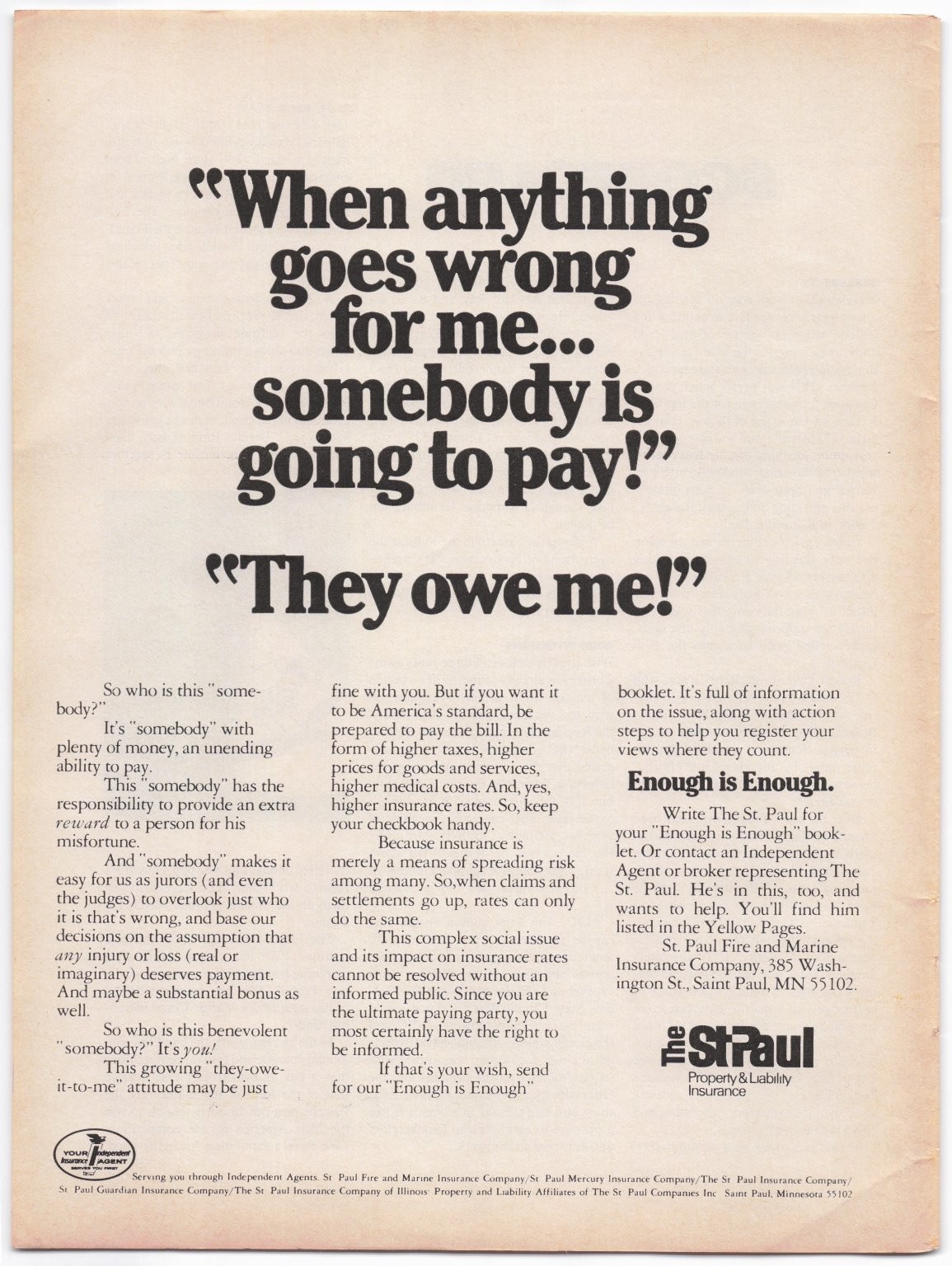 Vintage The St. Paul Insurance Magazine Ad 1970s “They Owe Me!” Slogan