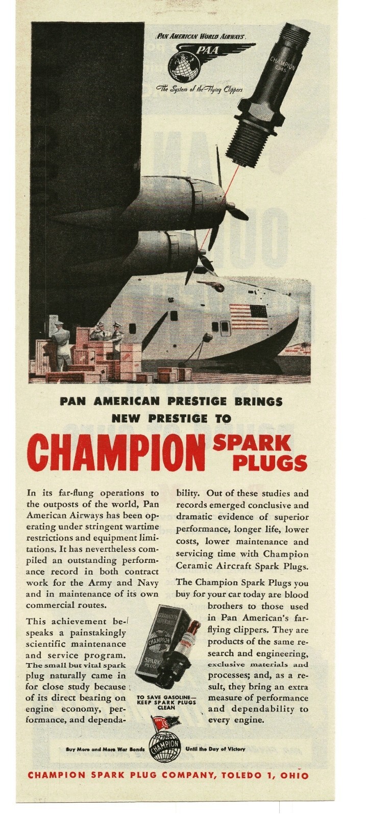 1945 Champion Spark Plugs Pan-Am Clipper Plane WWII Buy War Bonds Print Ad