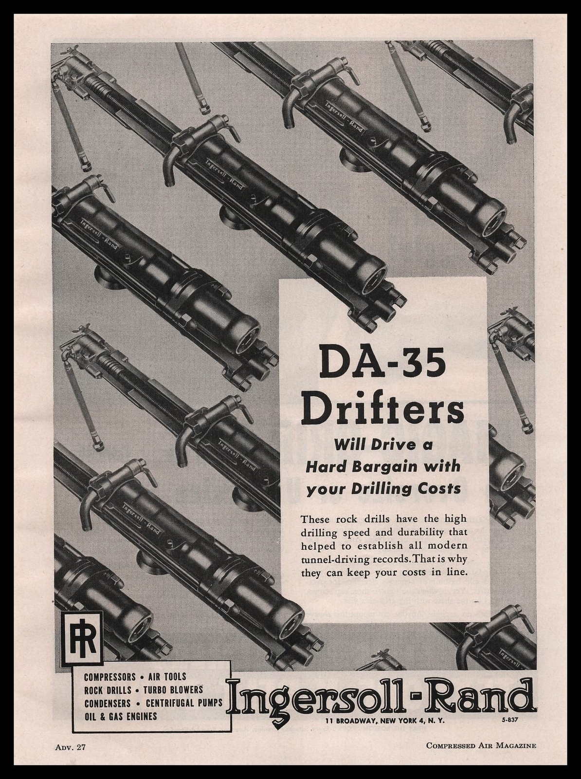 1946 Ingersoll Rand New York DA-35 Drifters Rock Drills Vintage Print Ad