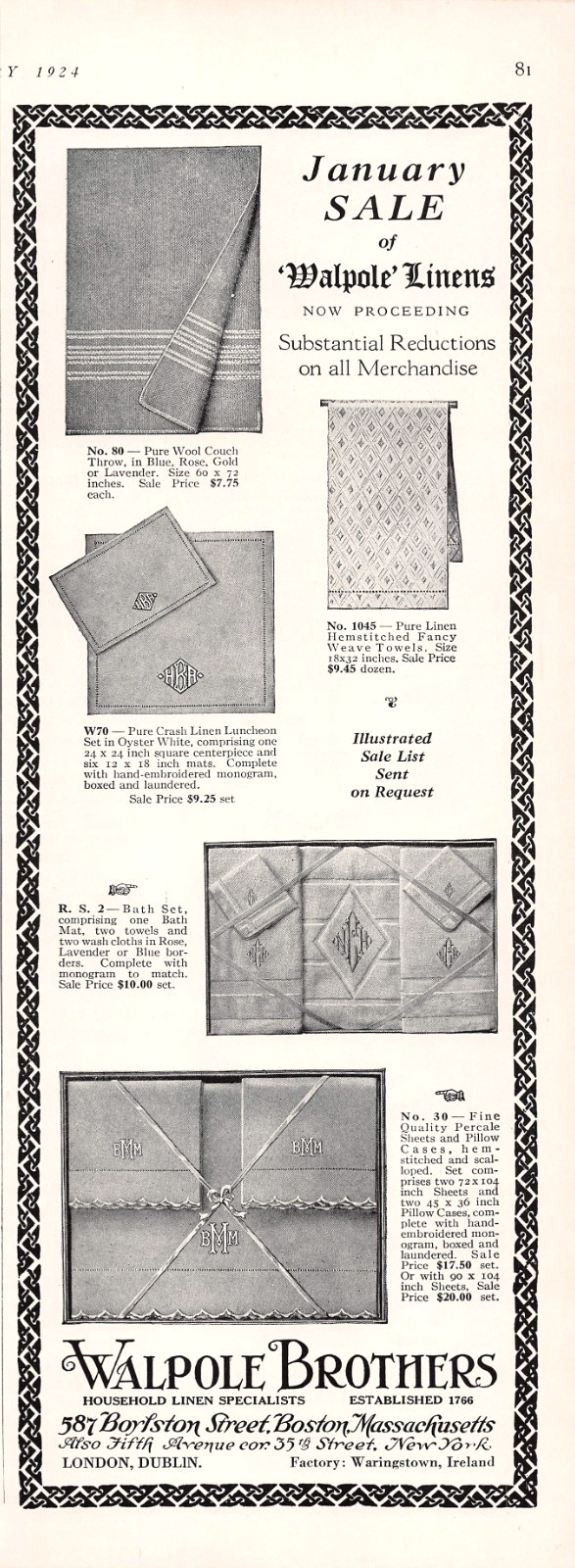 Walpole Brothers Household Linens January Sale Textile Assortment Mag Print Ad