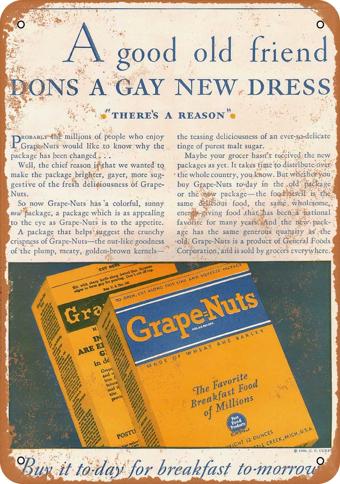Metal Sign – 1930 General Foods Grape-Nuts – Vintage Look Reproduction