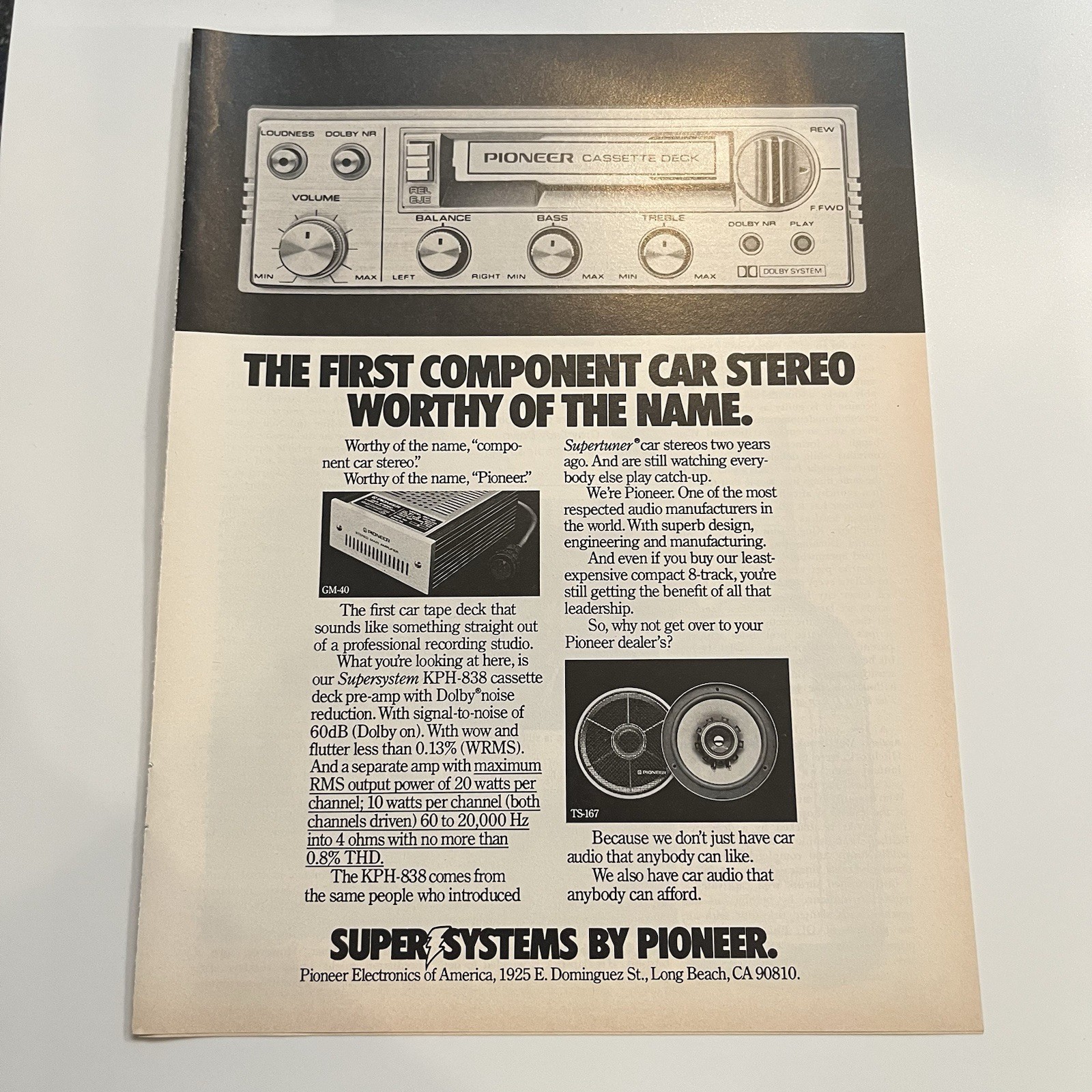 1978 Pioneer Supersystem KPH-838 Car Stereo Cassette Deck Print Ad Long Beach CA