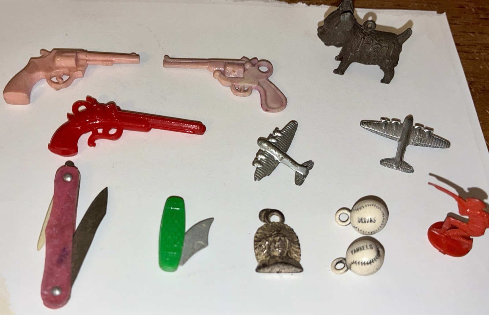 12 Pc. Vtg. Cracker Jack Prizes Gumball Toys Plastic & Metal Novelty Dog, Planes