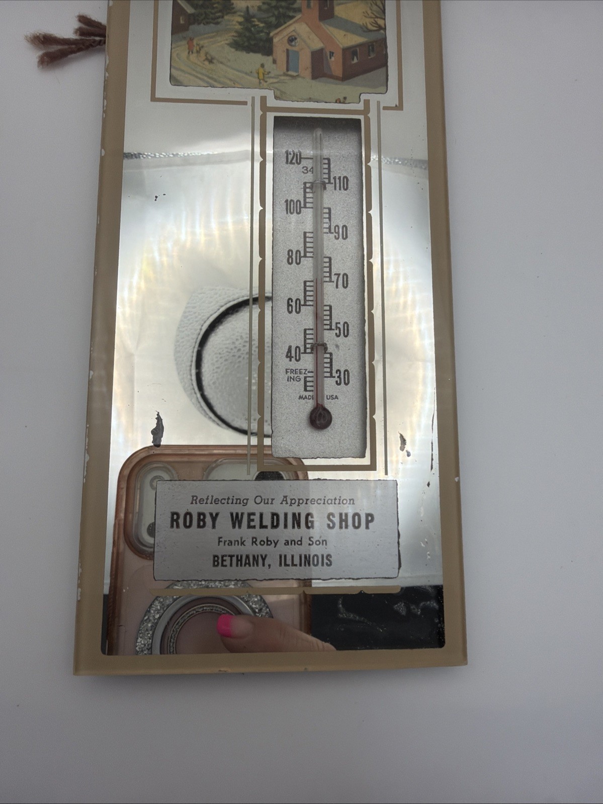 Vtg Advertising Thermometer Mirror Frank Roby Welding Shop Bethany, Illinois