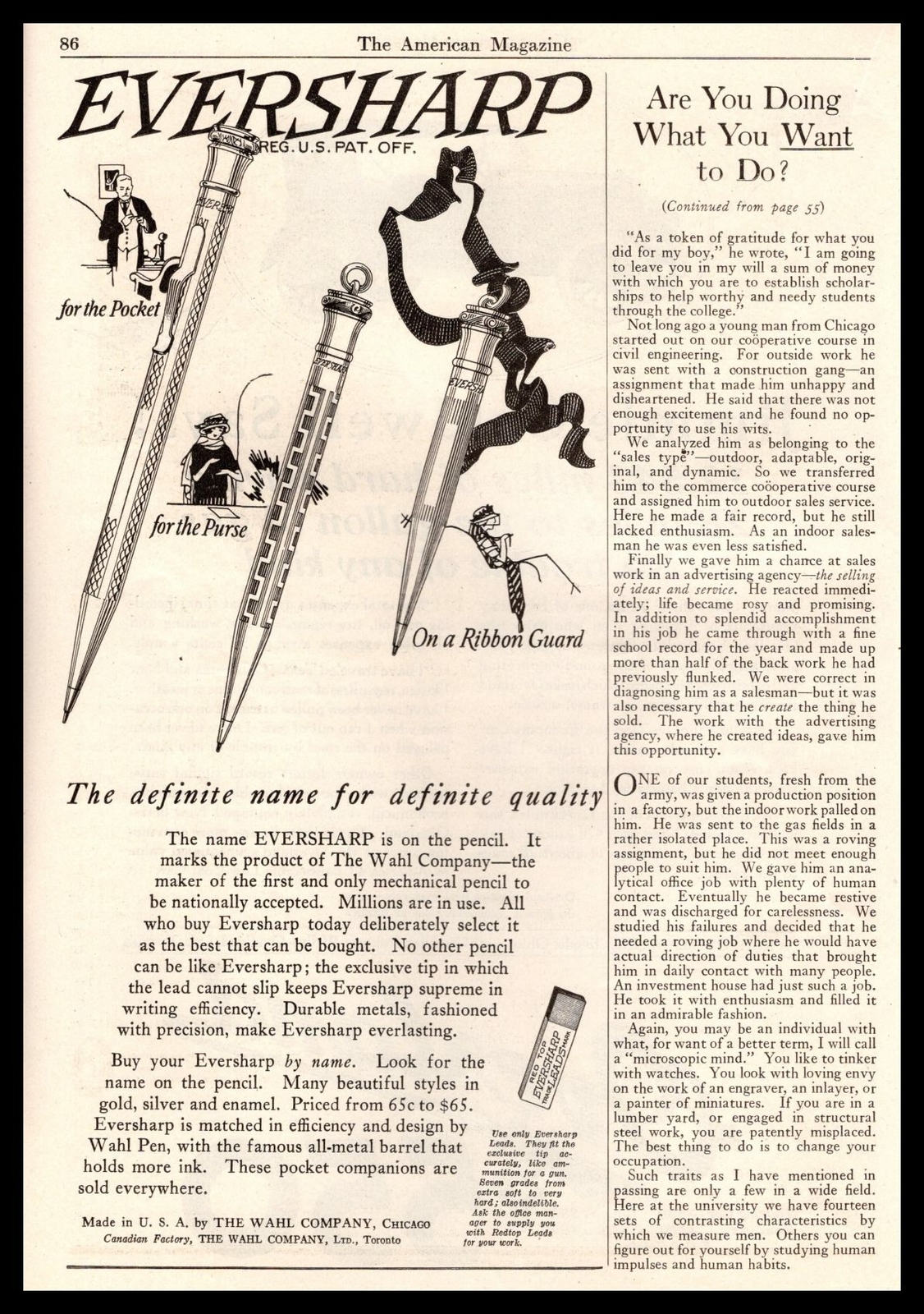 1922 Wahl Co. Chicago Eversharp Pens “For The Pocket And Purse” Vintage Print Ad