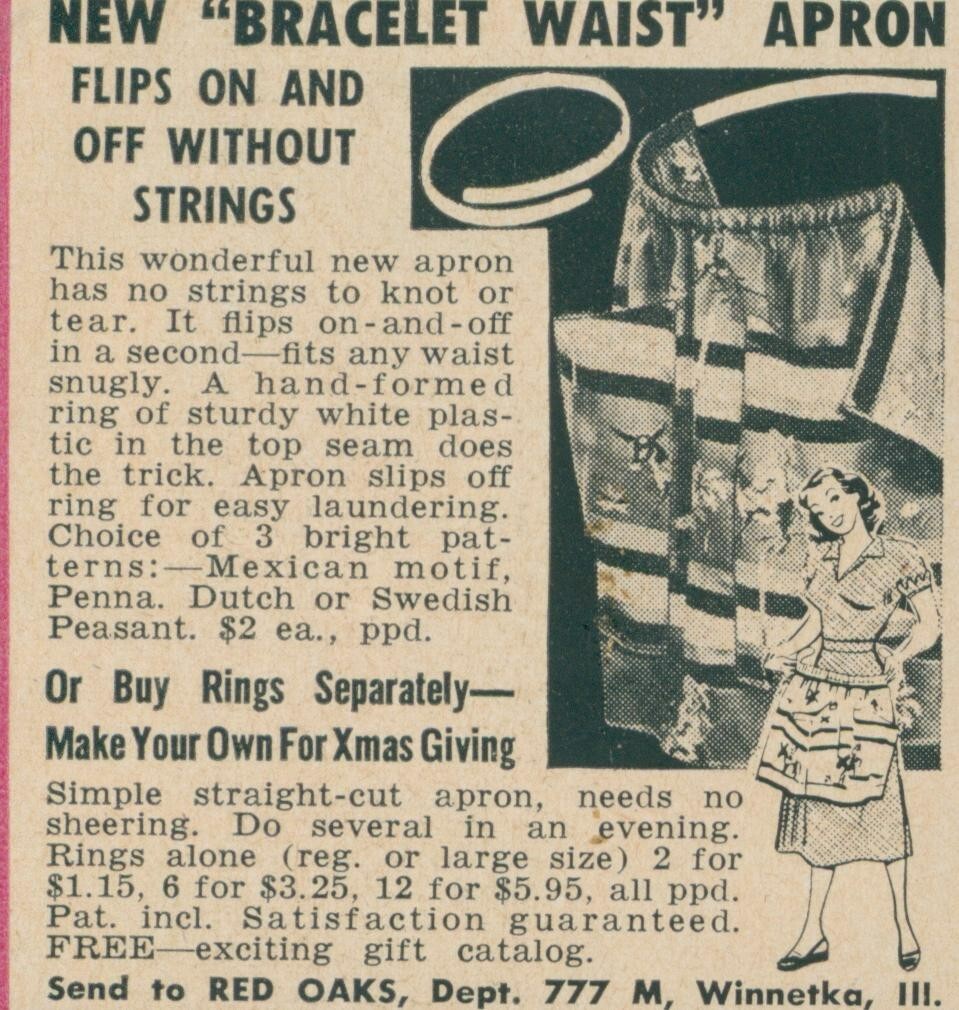 1954 Bracelet Waist Apron Flips On Off Bright Patterns Red Oaks Ad BL1