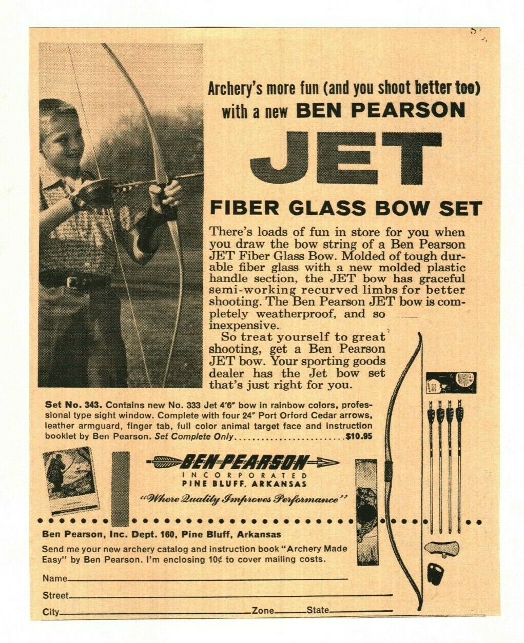 1960 Ben Pearson Jet Fiber Glass Bow Set Advertisement Pine Bluff, Arkansas