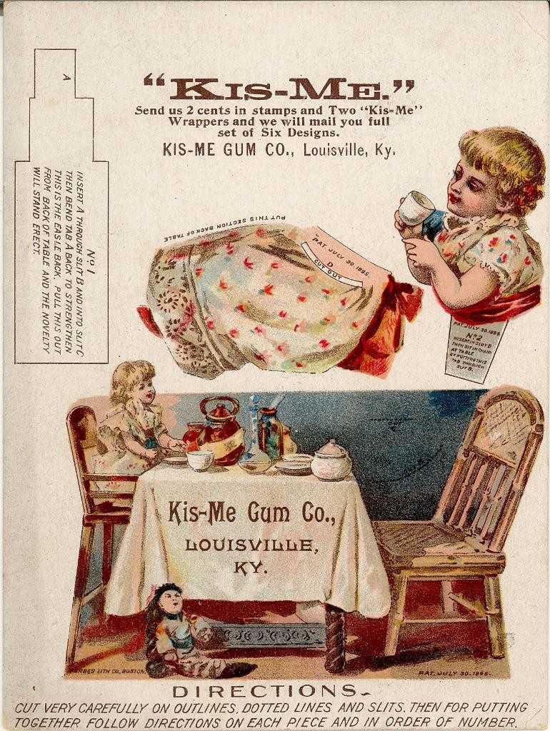 RARE VICTORIAN 1895 TRADE CARD KIS-ME CHEWING GUM PAPER DOLL CUT OUT VG