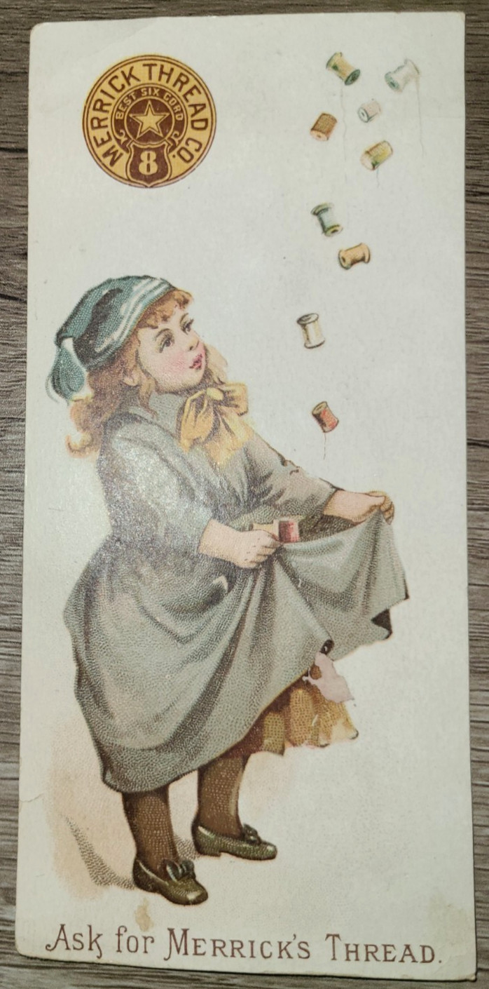 Antique Merrick Thread Co. Victorian trade card, little girl catching spools