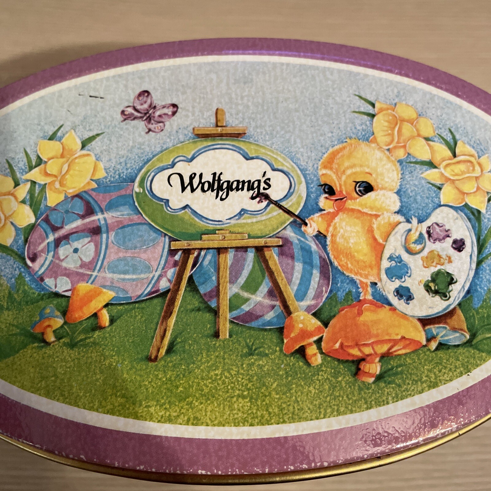 Vintage WOLFGANG’S Easter Candy OVAL Shape Tin with Chicks Flowers Eggs Basket