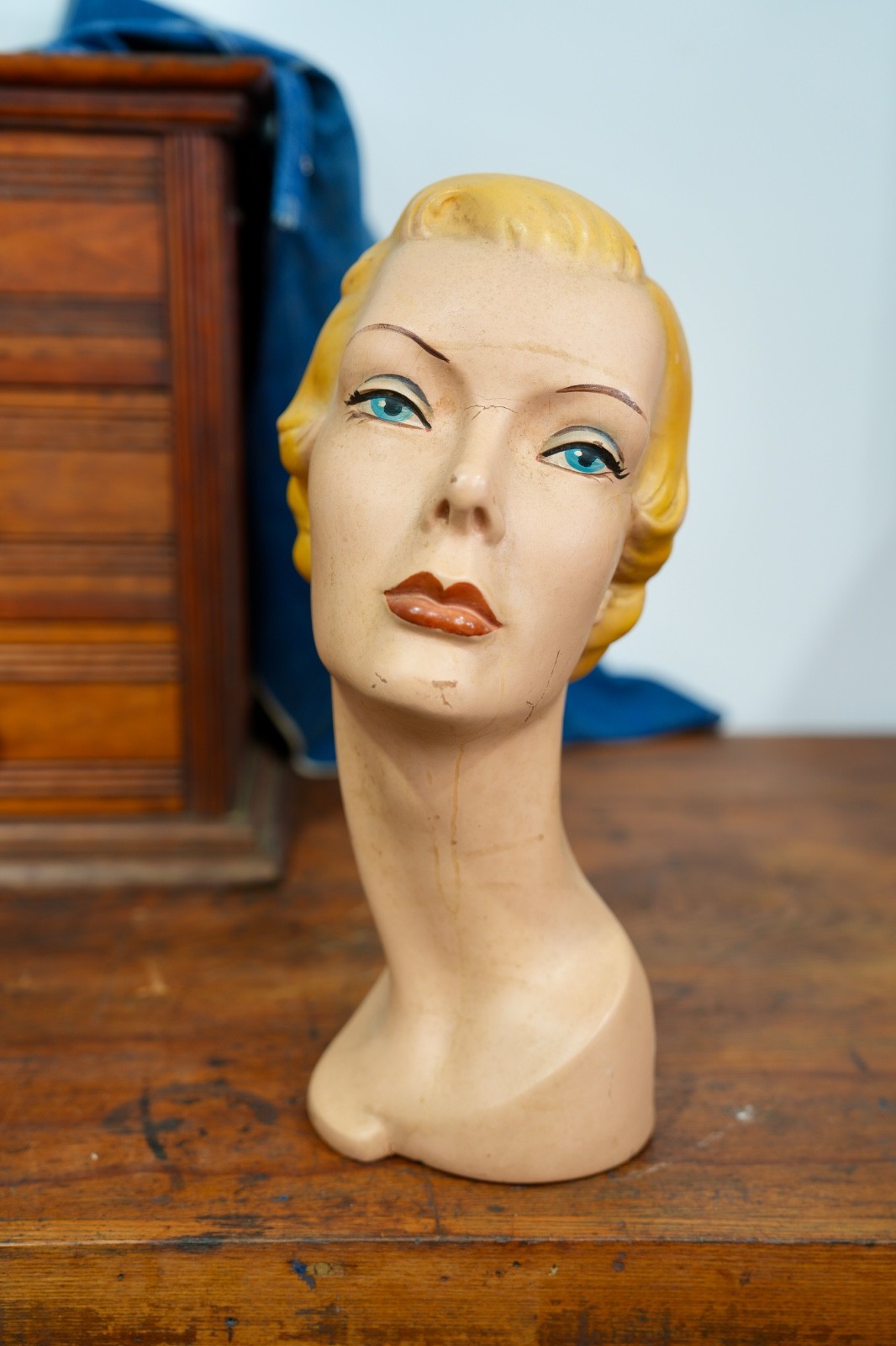 Vintage Female Mannequin Head Bust Art Deco Hat Store Display Stand Antique