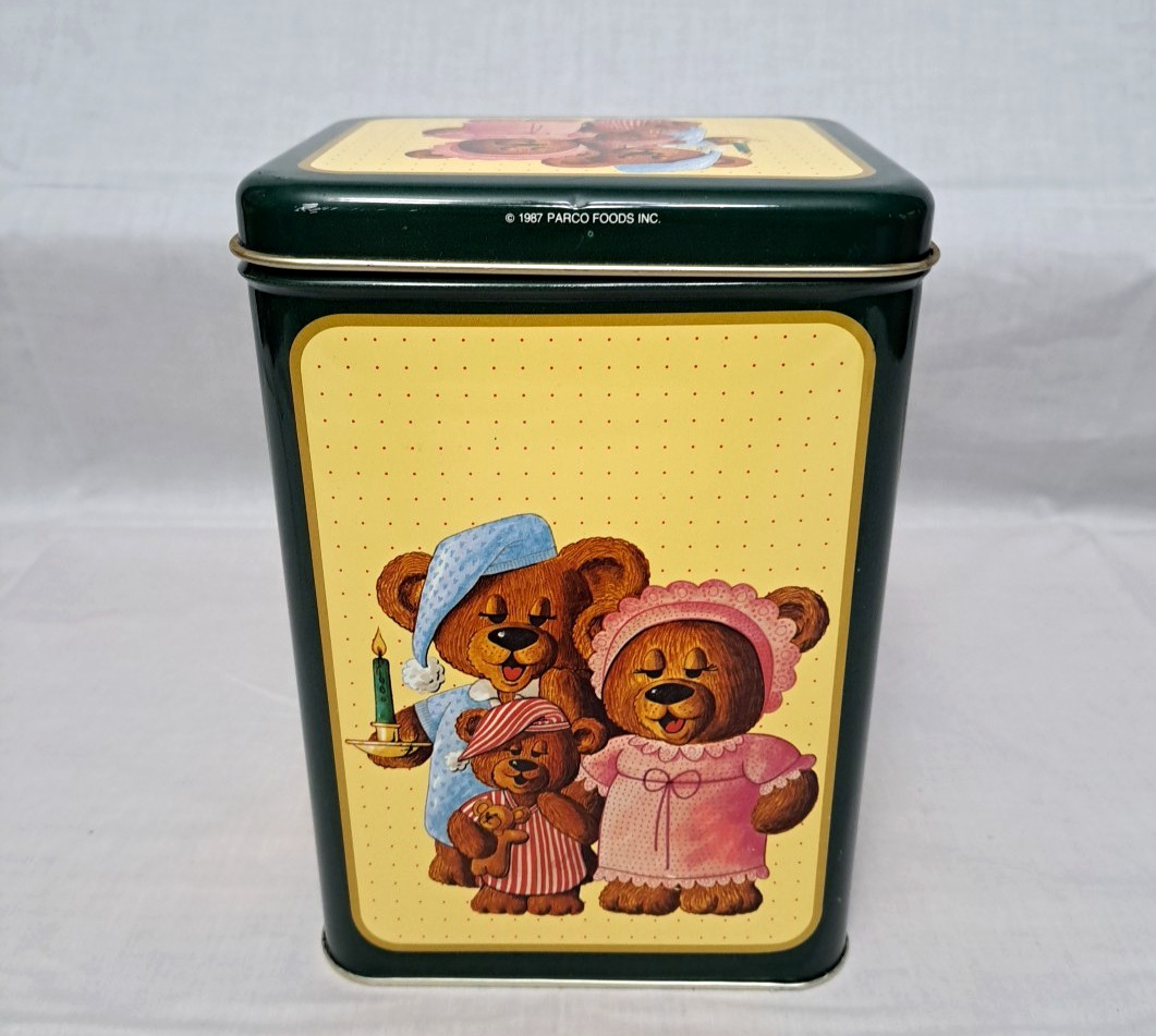 Vintage 1987 Parco Foods Inc Empty Collector’s Tin Three Sleepy Bears 9″x6″x4.5″