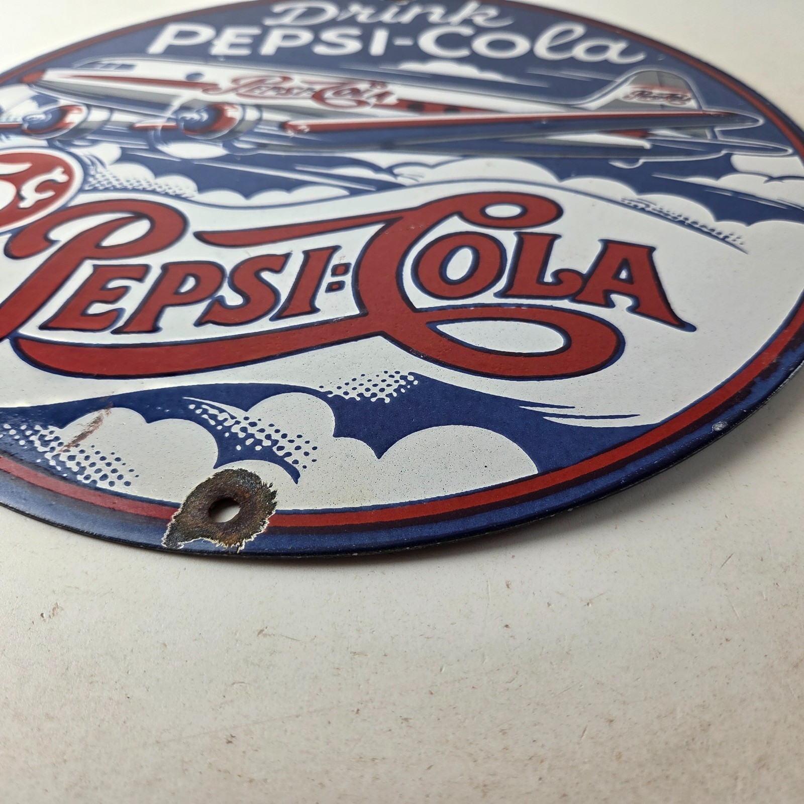 Vintage Pepsi Porcelain Sign – 5 Cent Airplane Ad Drink Soda Cola Sign