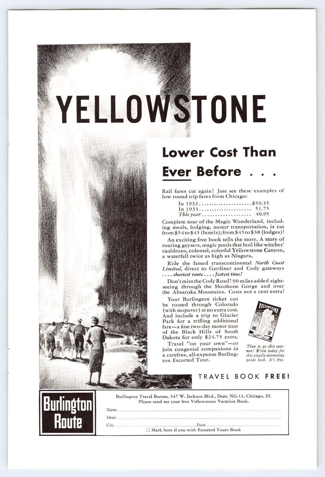 YELLOWSTONE BURLINGTON ROUTE RAILROAD 1930’s Vintage 6.5″X10″ Magazine Ad M567
