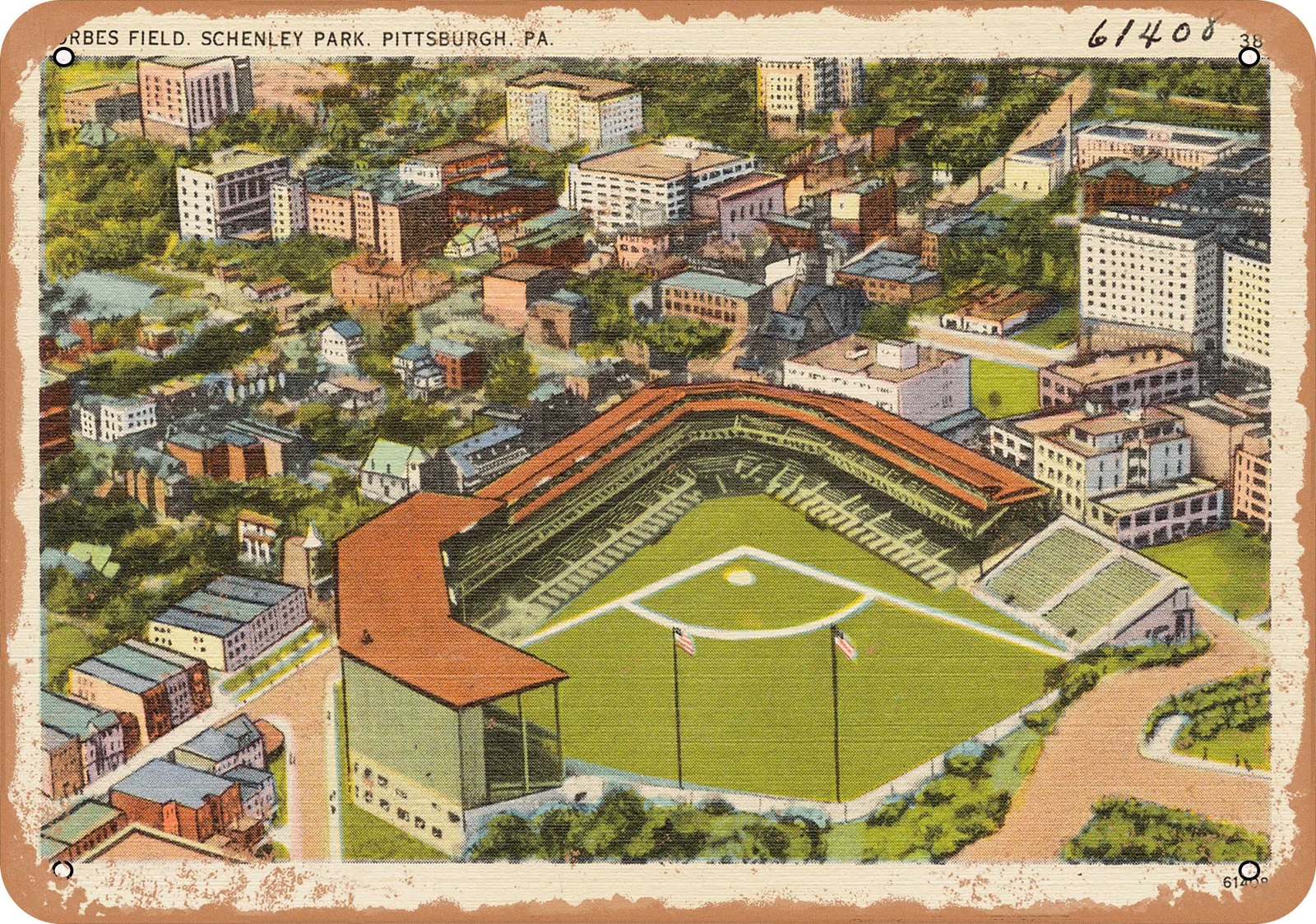 METAL SIGN – Pennsylvania Postcard – Forbes Field. Schenley Park. Pittsburgh, P