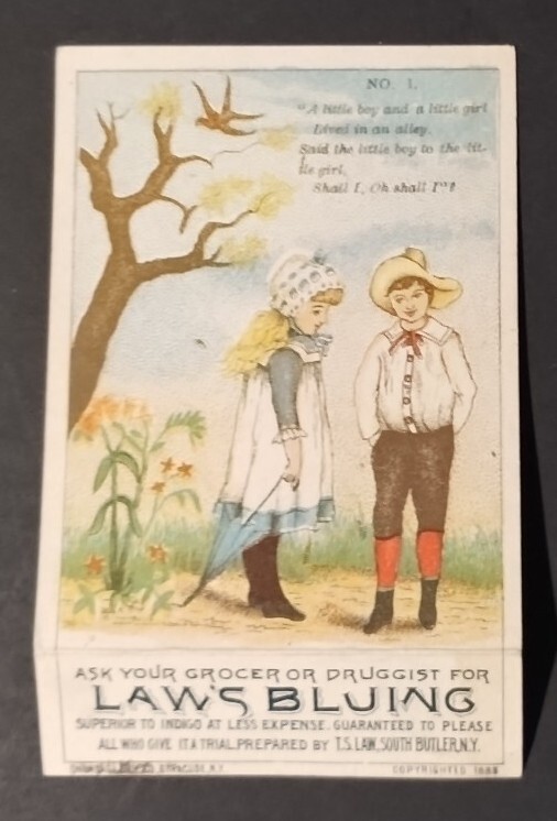 1885 LAW’S BLUING ADV. TRADE CARD No. 1 ~ SYRACUSE N.Y. Advertisement 1800’s
