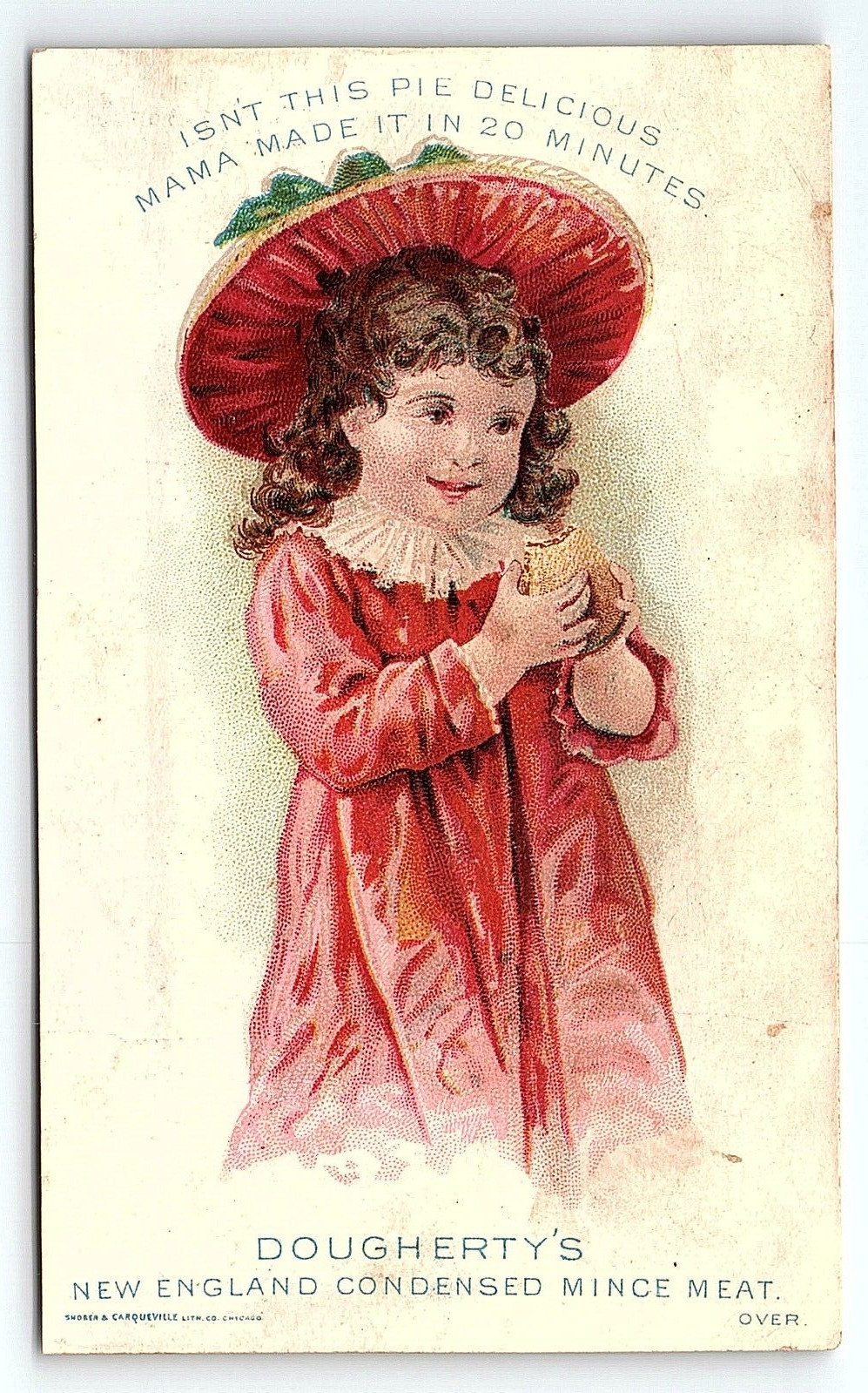 c1880 DOUGHERTY’S NEW ENGLAND MINCE MEAT GIRL IN HAT VICTORIAN TRADE CARD P2824G