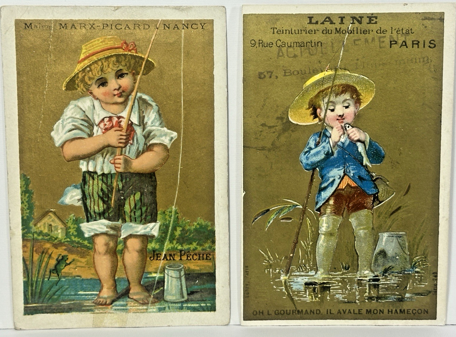 French Victorian Trade Card Children Boys Frog Fishing Clothing Shop Paris Lot 2