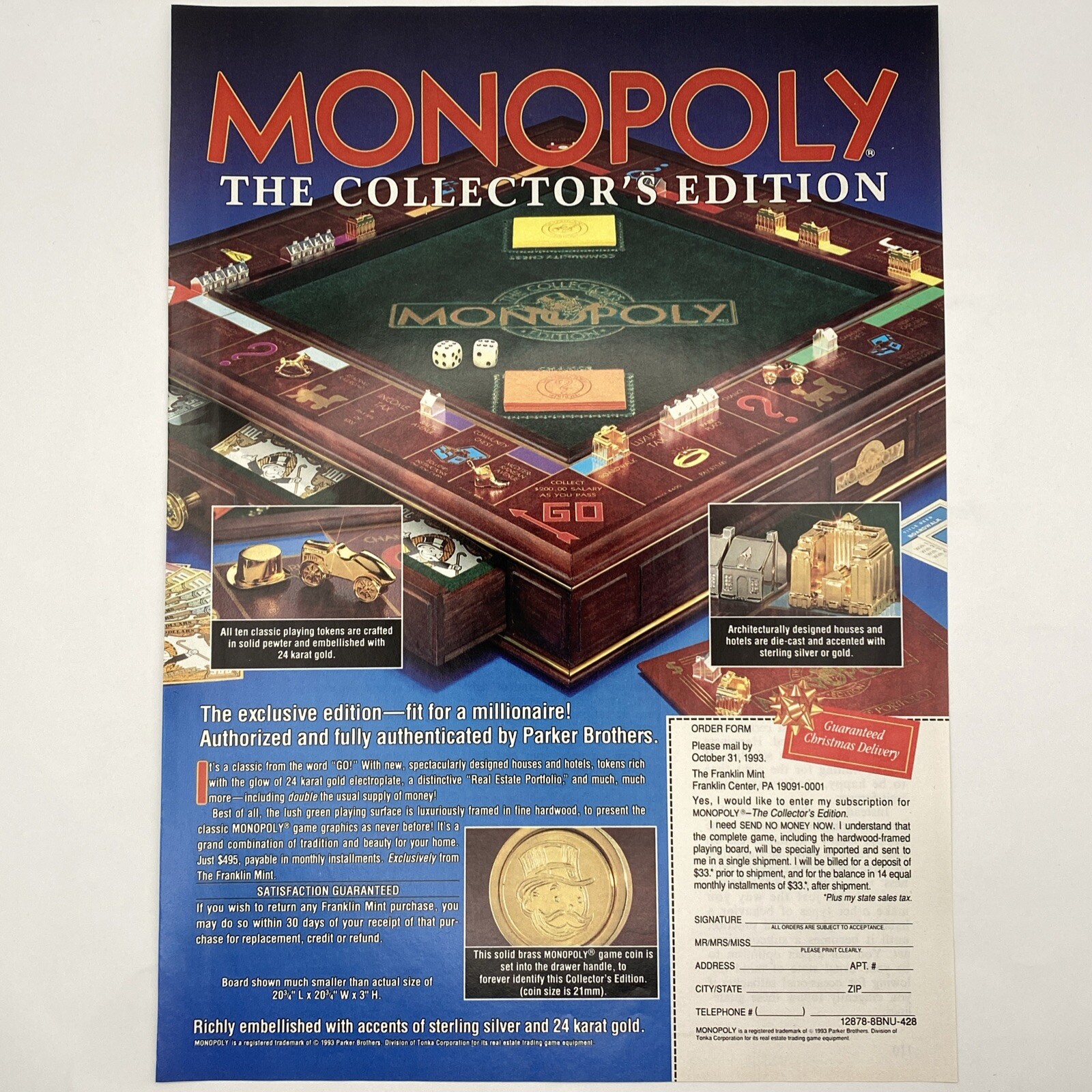 1993 Franklin Mint Monopoly Game PRINT AD Collectors Edition Art Decor Poster