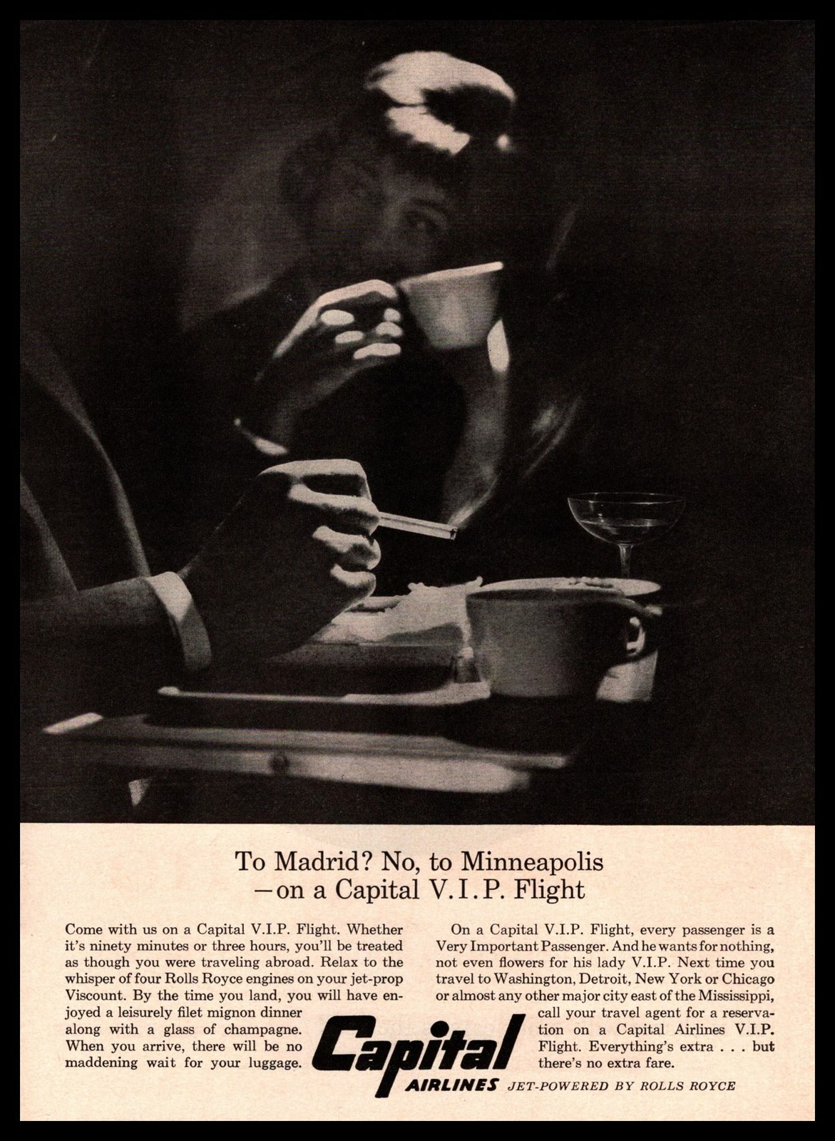1959 Capital Airlines VIP Passengers Smoking Cigarettes Drinking Coffee Print Ad