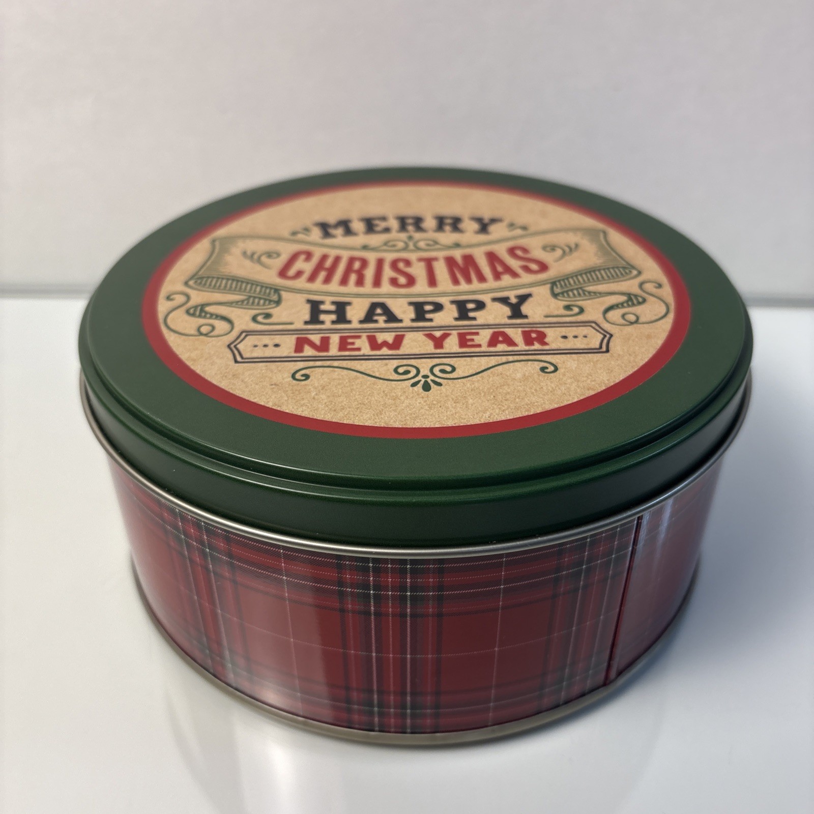 Merry Christmas Happy New Year Decorative Tin Plaid Holiday Storage 6”