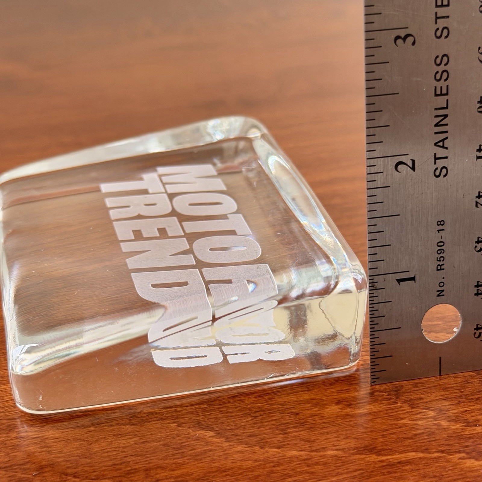 Vintage 1980s MOTOR TREND Magazine Glass Paperweight Etched Logo Promo Car Desk